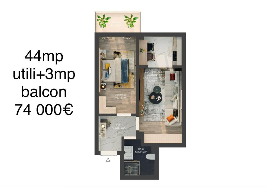 Apartament 2 camere – 44 mp utili + balcon 3 mp | Etaj 4 | 74.000 €