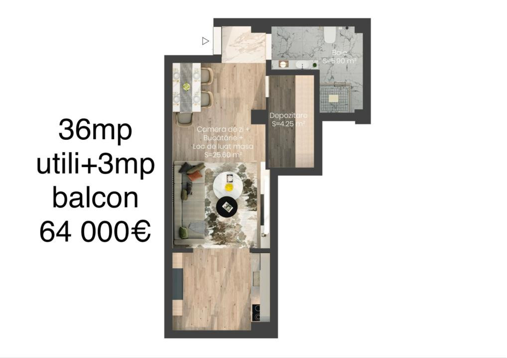 Apartament 1 cameră – 36 mp utili + balcon 3 mp | 64.000 €