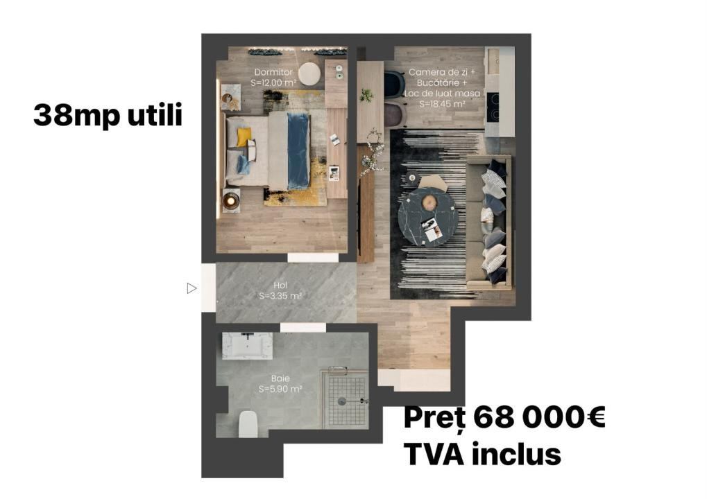 Apartament 2 camere Valea Lupului | Parter | 37,70 mp, parcare inclusă